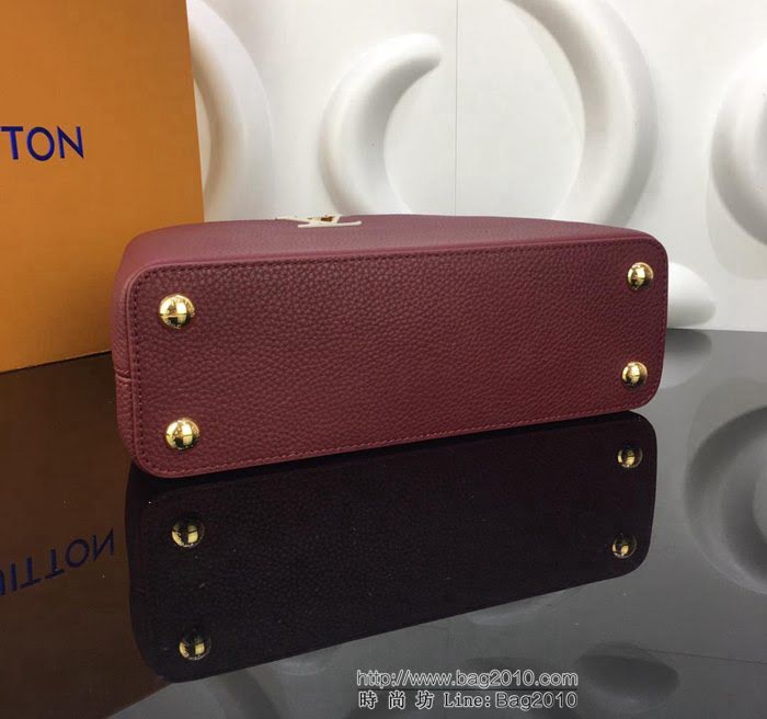 路易威登LV 頂級原單 M94517酒紅配粉 Capucines小號手袋 全粒面Taurillon皮革 經典時尚手提肩背斜挎包  YDH2361
